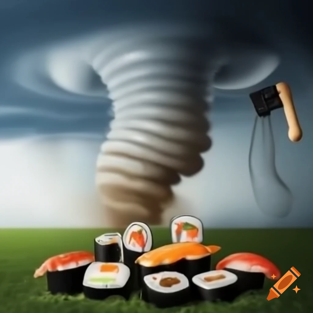Creative depiction of a hammer tornado mixed with sushi elements