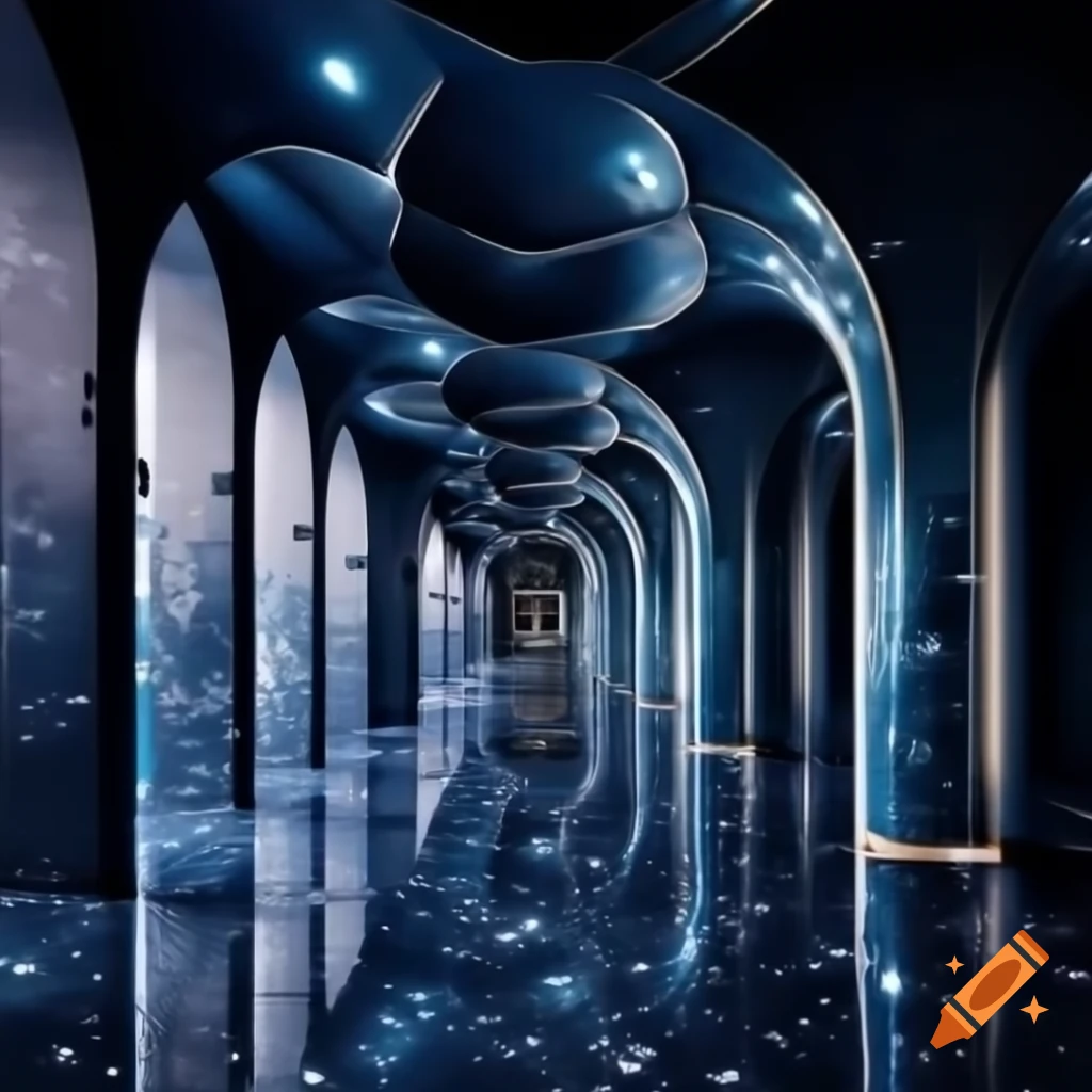 Surreal dark blue marble hallway with high ceilings and starry ceiling