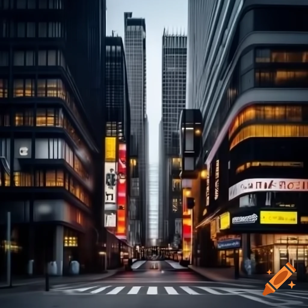 Modern urban scene with towering buildings and glowing signs