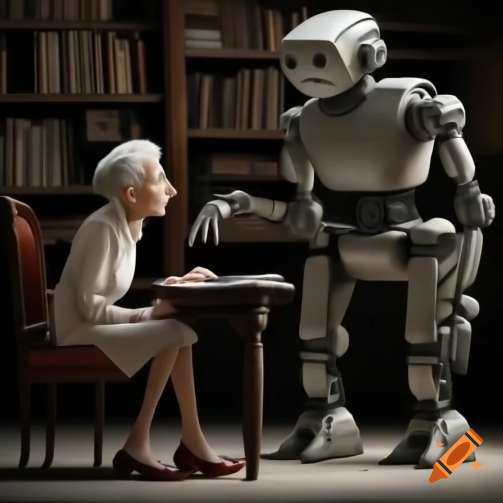 Three characters in one image: an old professor, a young woman, and a humanoid robot