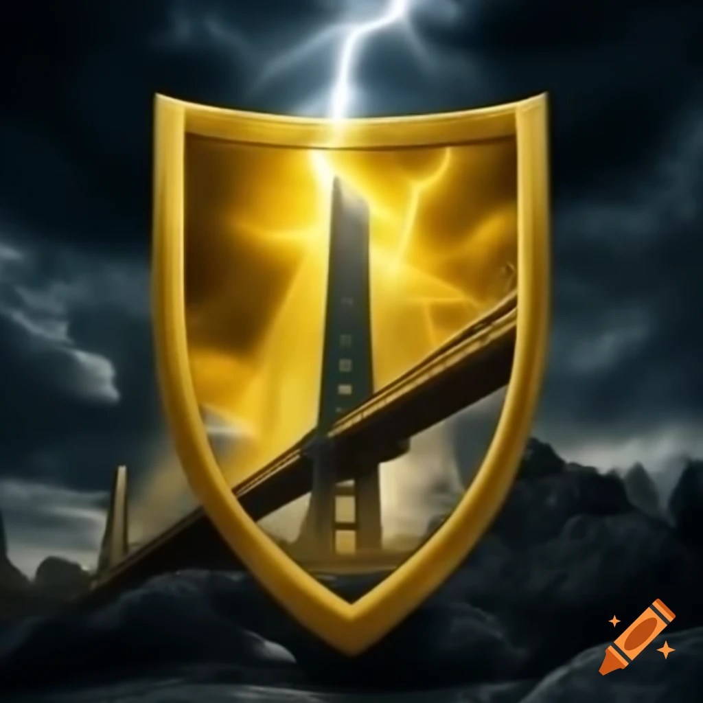 Bridge towers design on yellow shield with lightning strike