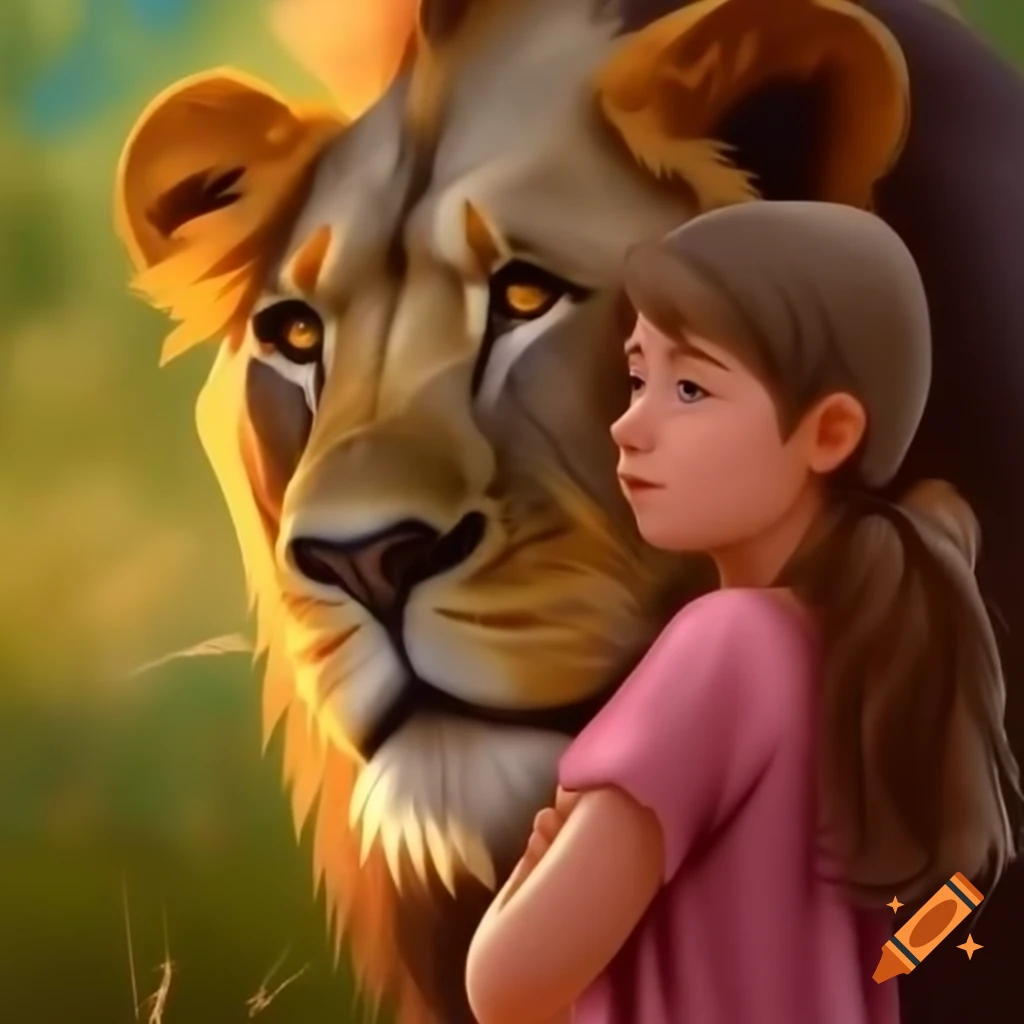 Girl saying goodbye to lion in a whimsical setting