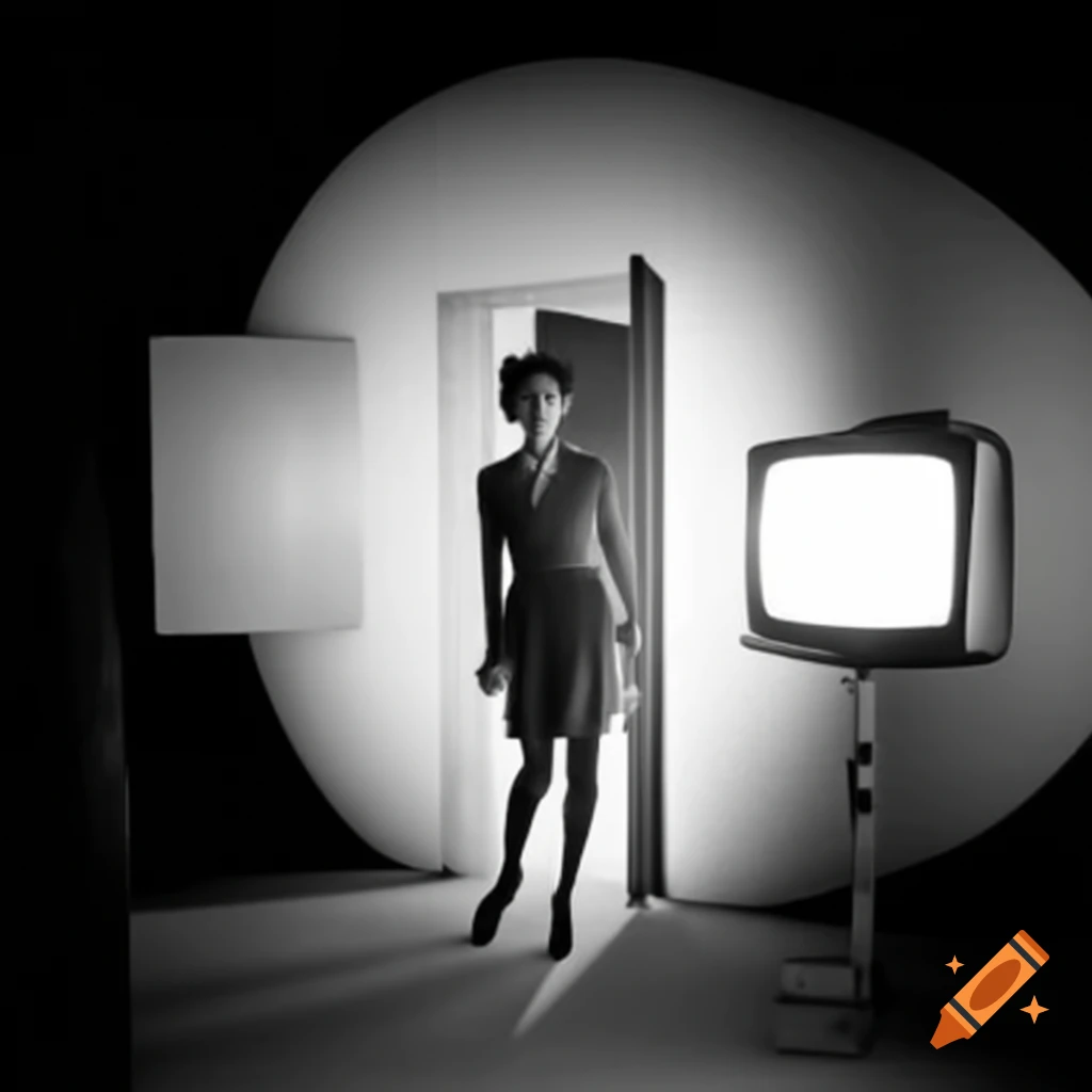 1950s model in doorway resembling vintage TV frame