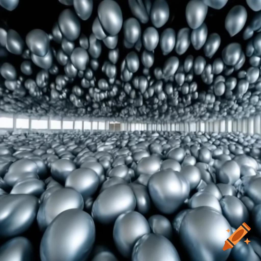 Spacious factory room decorated with silver balloons