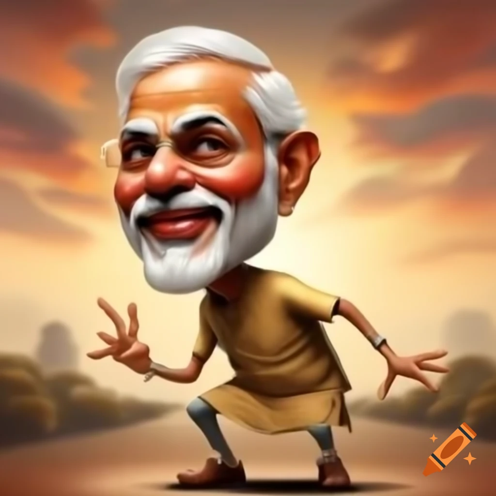 Exaggerated caricature of Narendra Modi with dramatic features