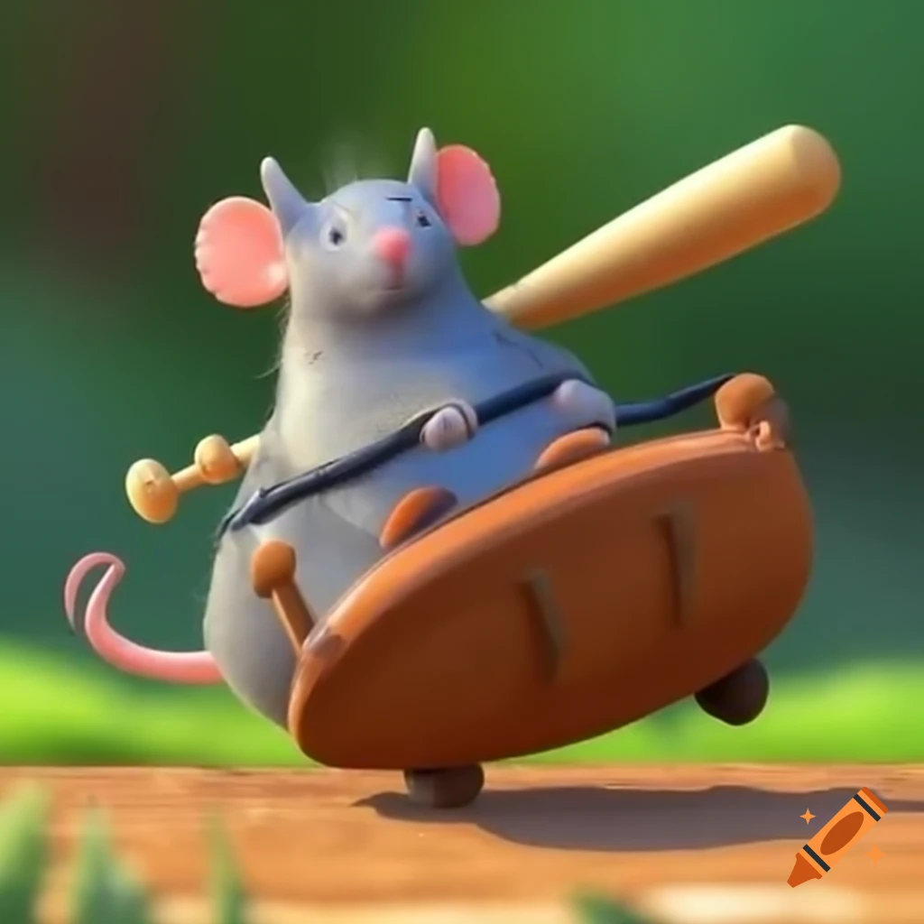 Rat riding a cat while holding a baseball bat