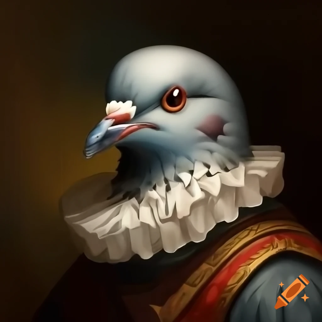 Oil painting of pigeon in 1700s era clothing and Elizabethan collar