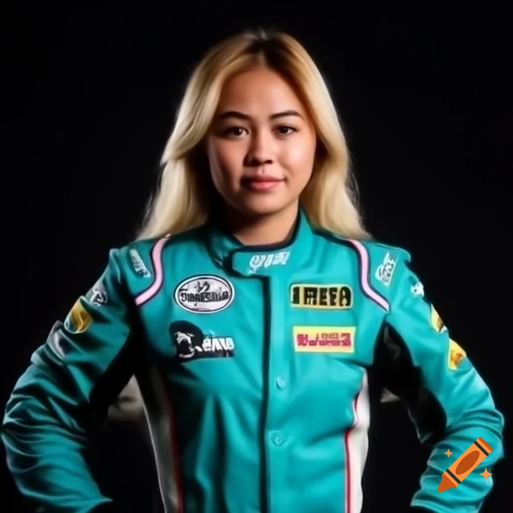 Confident young female Malaysian racer in turquoise and teal racing ...