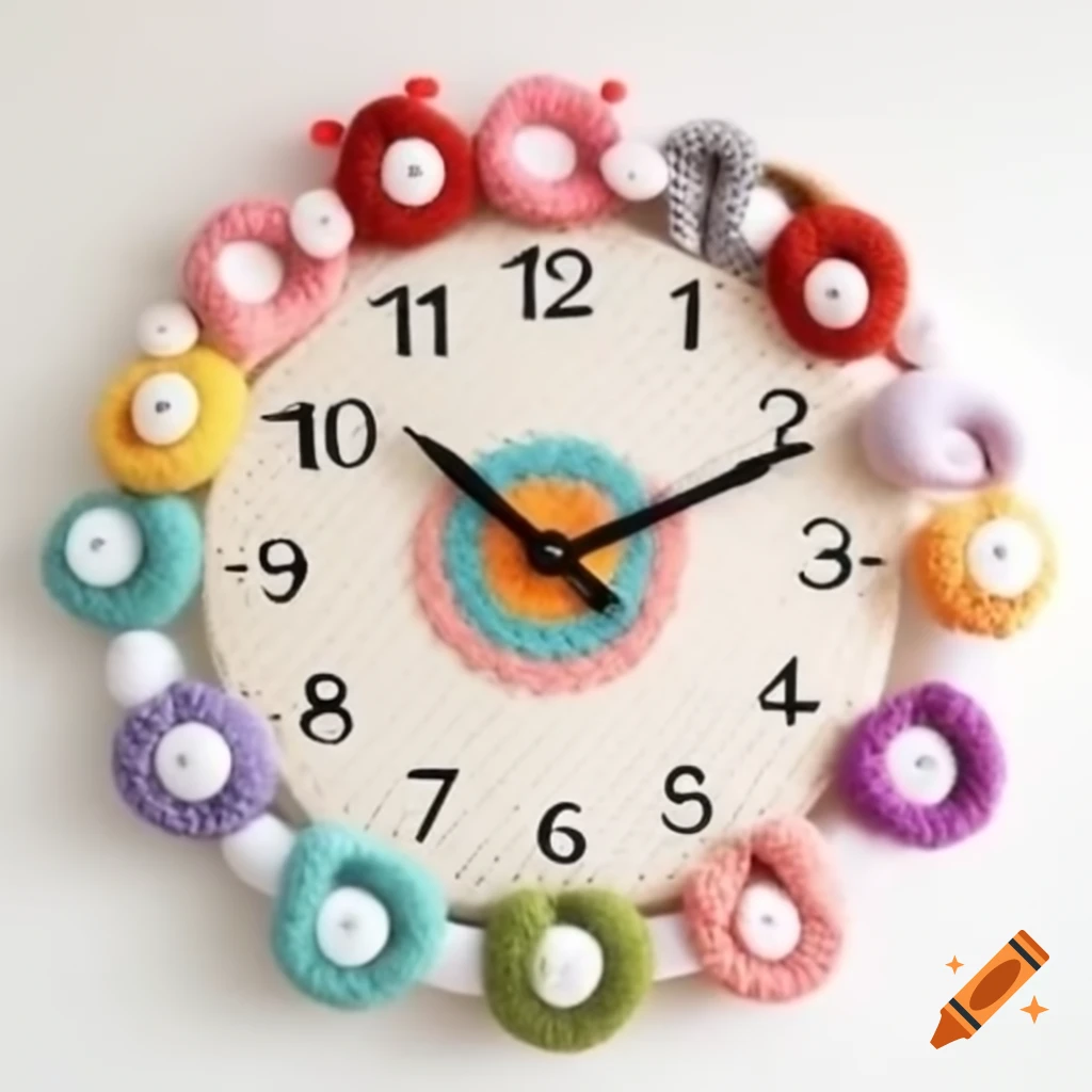 Colorful clock featuring crochet hooks as hands and yarn as numbers
