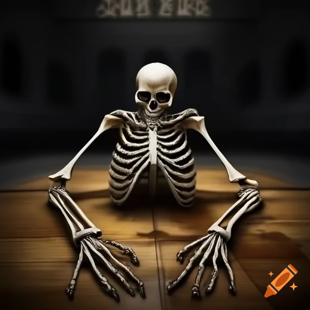 Skeletal court scene with eerie atmosphere