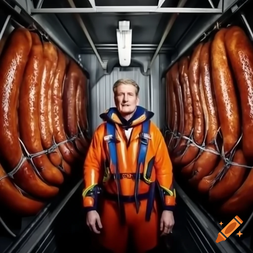 Political figure in lifeboat filled with sausages, humorous scene