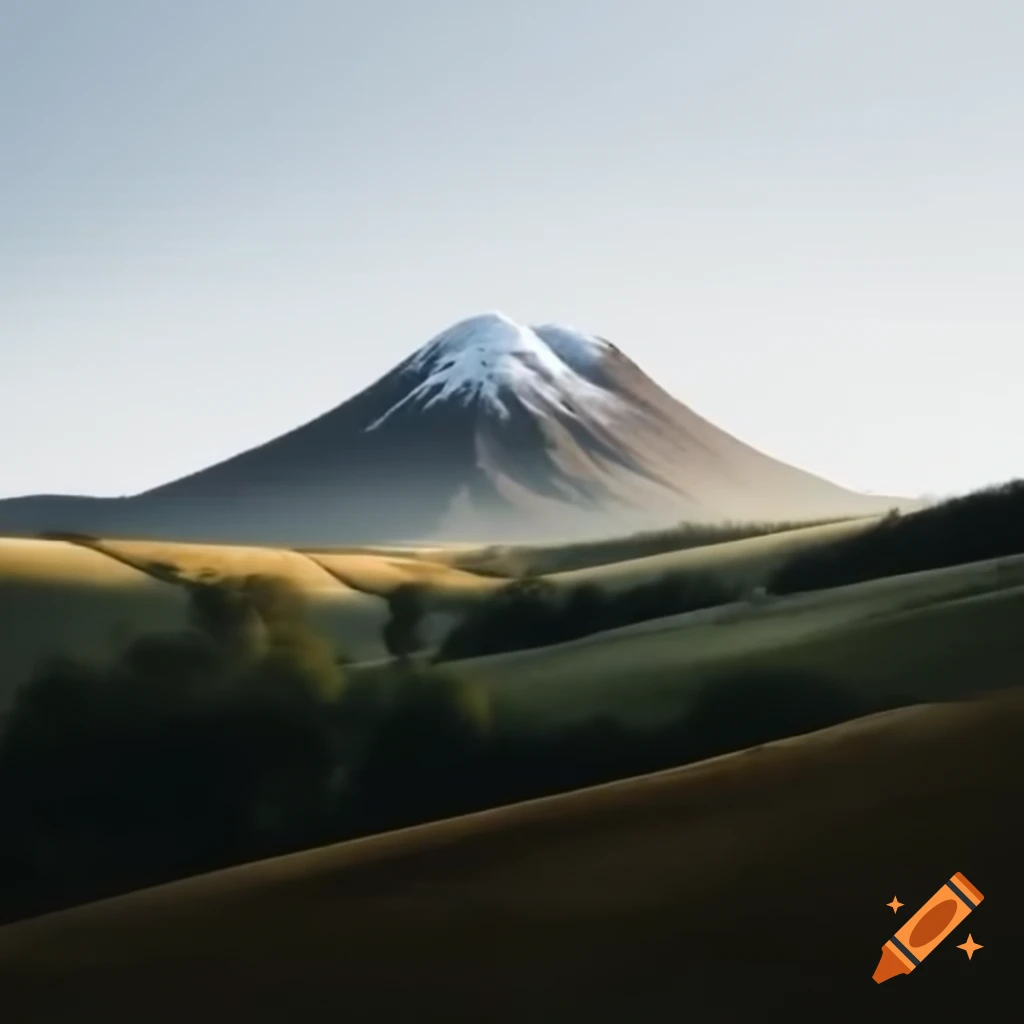 Snow-tipped mountain with rolling greenery and trees