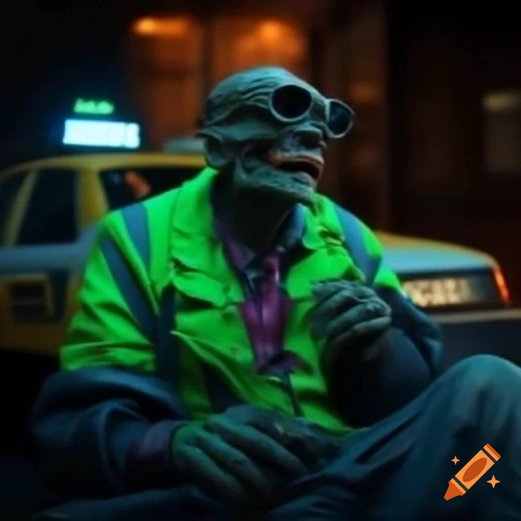 Fluorescent zombie taxi cab driver with a unique attitude