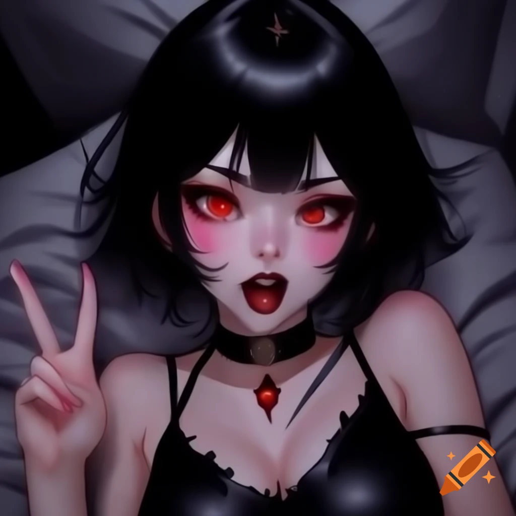 Anime vampire woman with sharp fangs and cute outfit, blushing, making peace sign