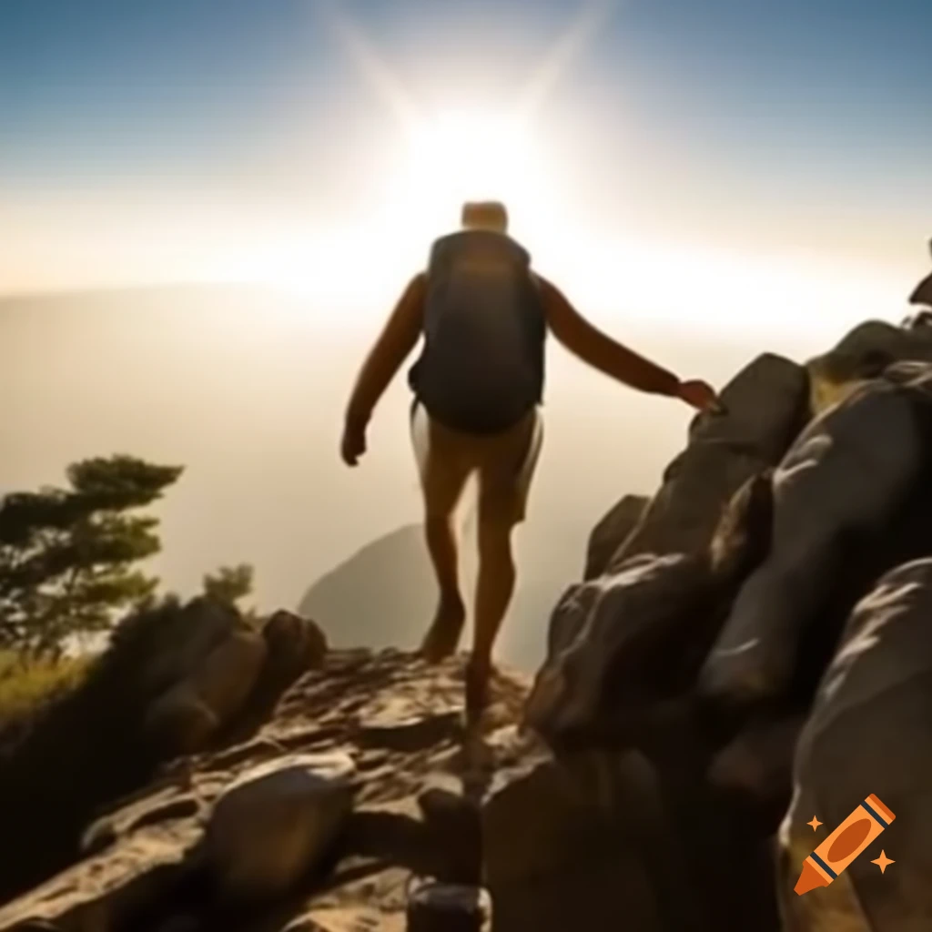 Pilgrim hiking rugged mountain trail with serene expression