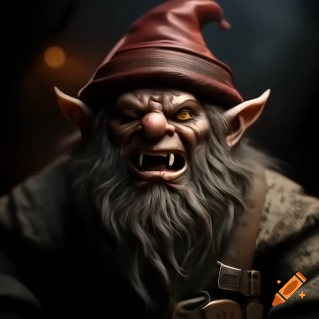 Dark vintage depiction of a devil dwarf wearing a large hat