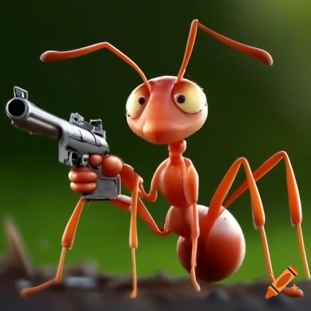 Ant holding a gun, whimsical illustration
