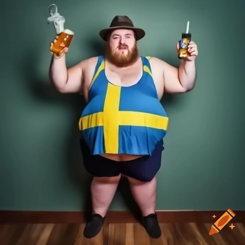 Man wearing Swedish flag singlet, holding beer flask, smoking, with small shoes and hat