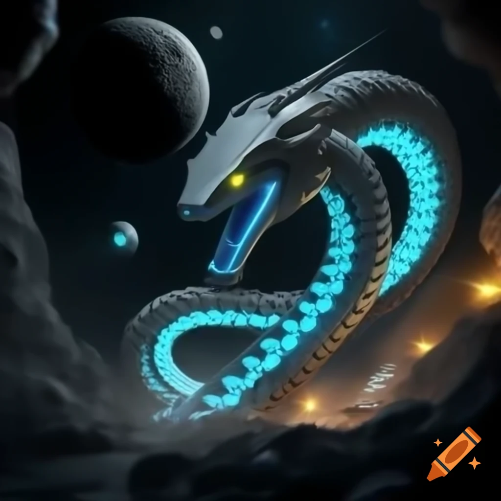 Bioluminescent robot serpent with glowing eyes in shadowy lunar landscape