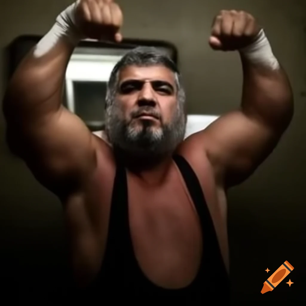 Iranian wrestler flexing in front of mirror