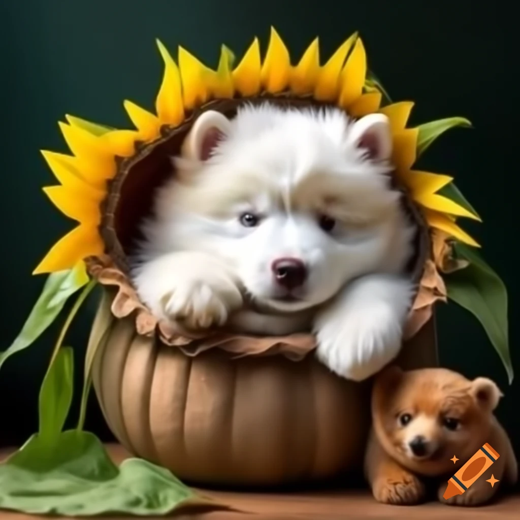 Fluffy Samoyed puppy peeking out of sunflower pot with tiny bear