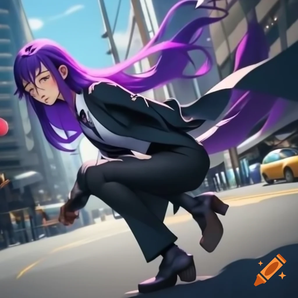 Anime character with vibrant purple hair and elegant glasses, confident expression