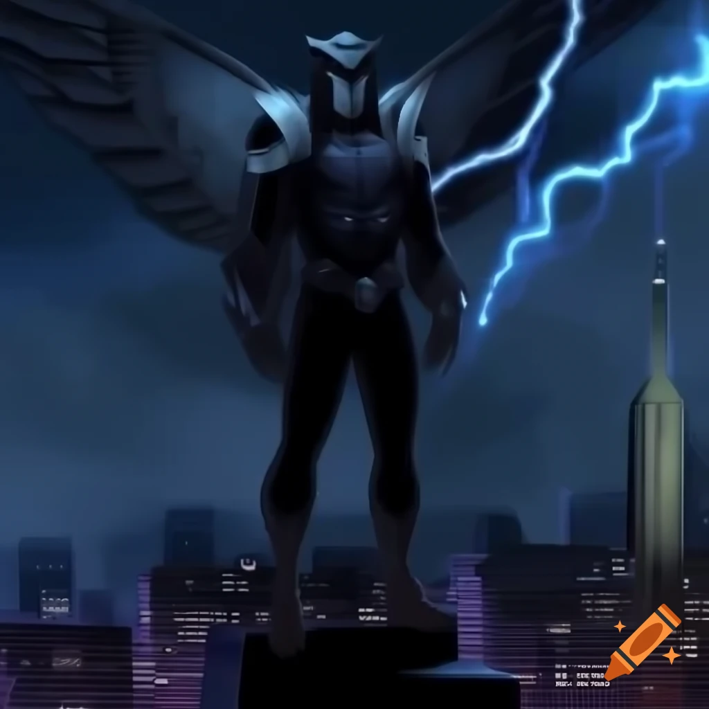 Owlman from DC Comics standing on skyscraper under stormy night sky