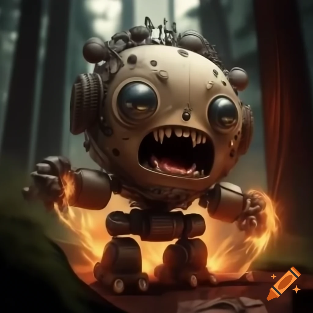 Cute yet fierce robot roaring and throwing thunder in a forest fire