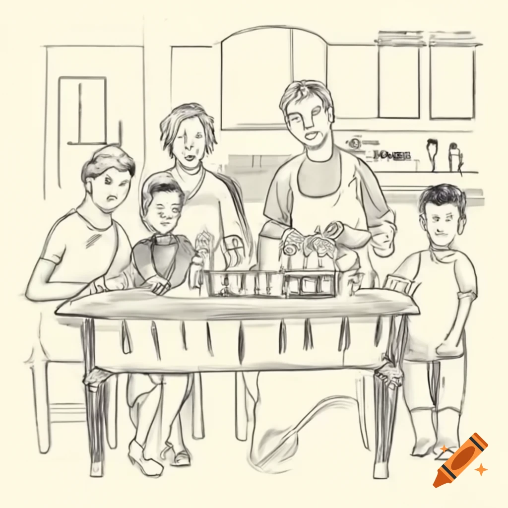 Multiracial family celebrating Hanukkah by preparing traditional latkes in the kitchen, watercolor painting