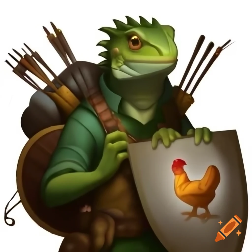 Lizard man with bow and shield featuring chicken drawing