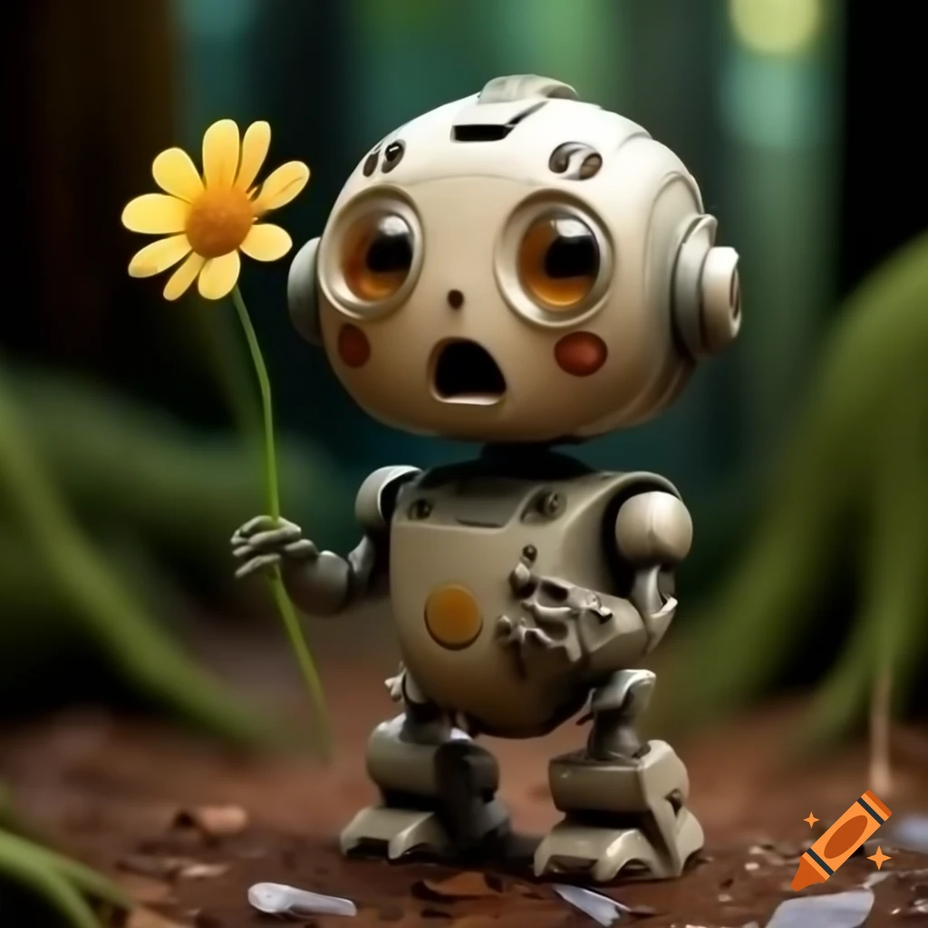 Cute surprised robot holding melting flower in detailed forest scene