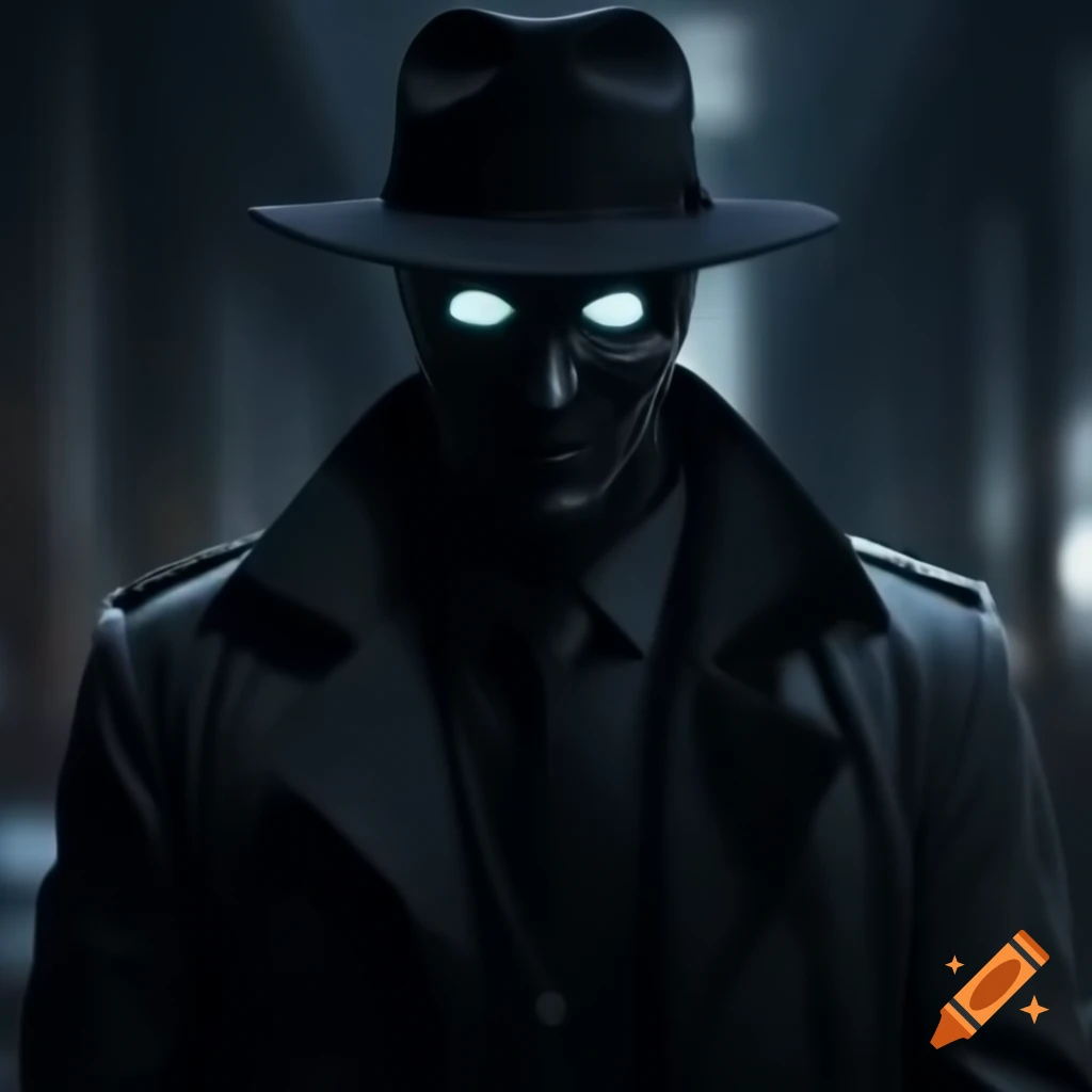 Detective in black trenchcoat with glowing white eye in dark setting
