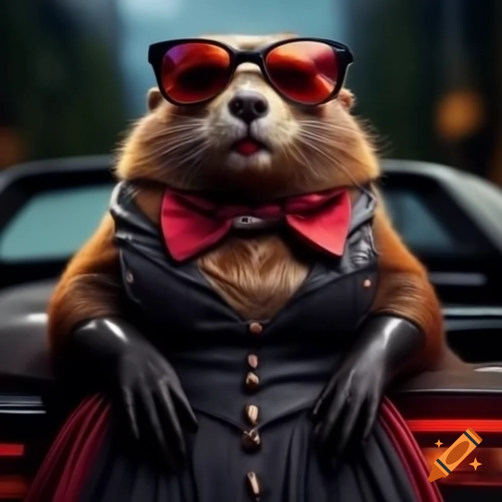 Beaver in evening dress and accessories standing on car, humorous character