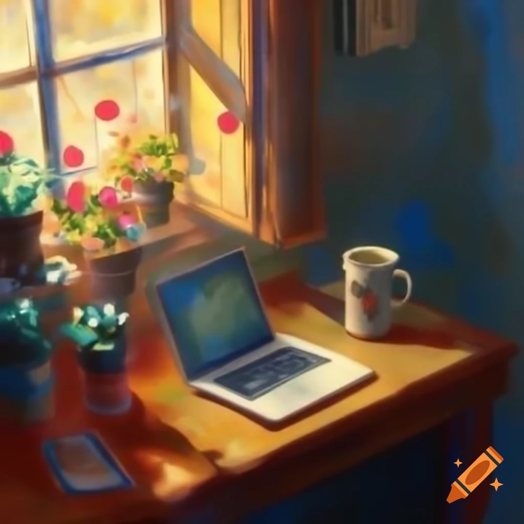 Coffee mug and laptop on desk with flowers and cat nearby, painting by Frederick Childe Hassam