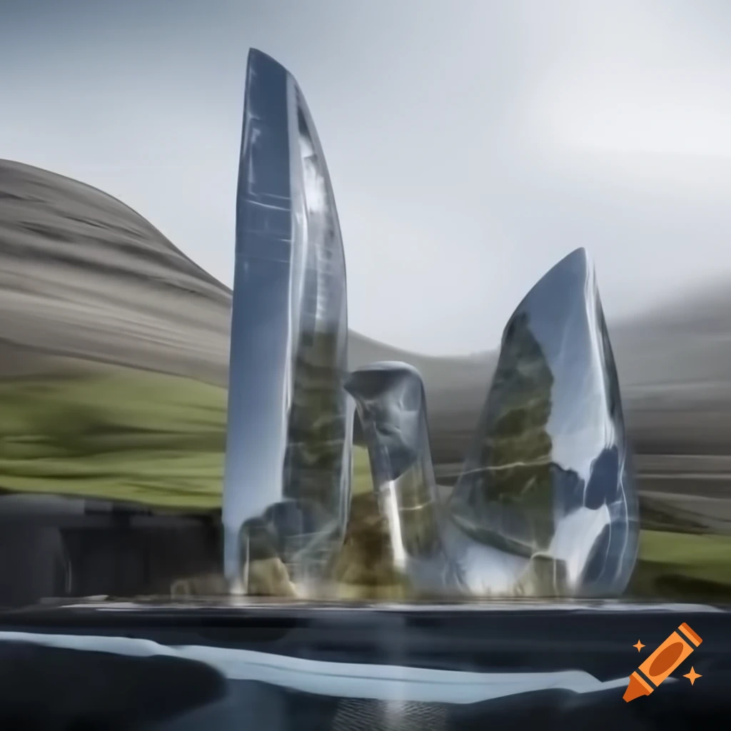 Utopian futuristic city in Faroe Islands with marble exteriors and glass monuments