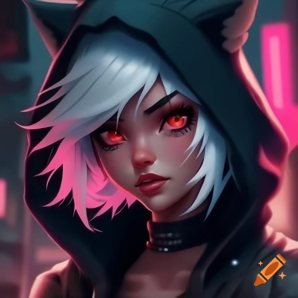 Cyberpunk netrunner girl with white hair and wolf ears in 4K HD