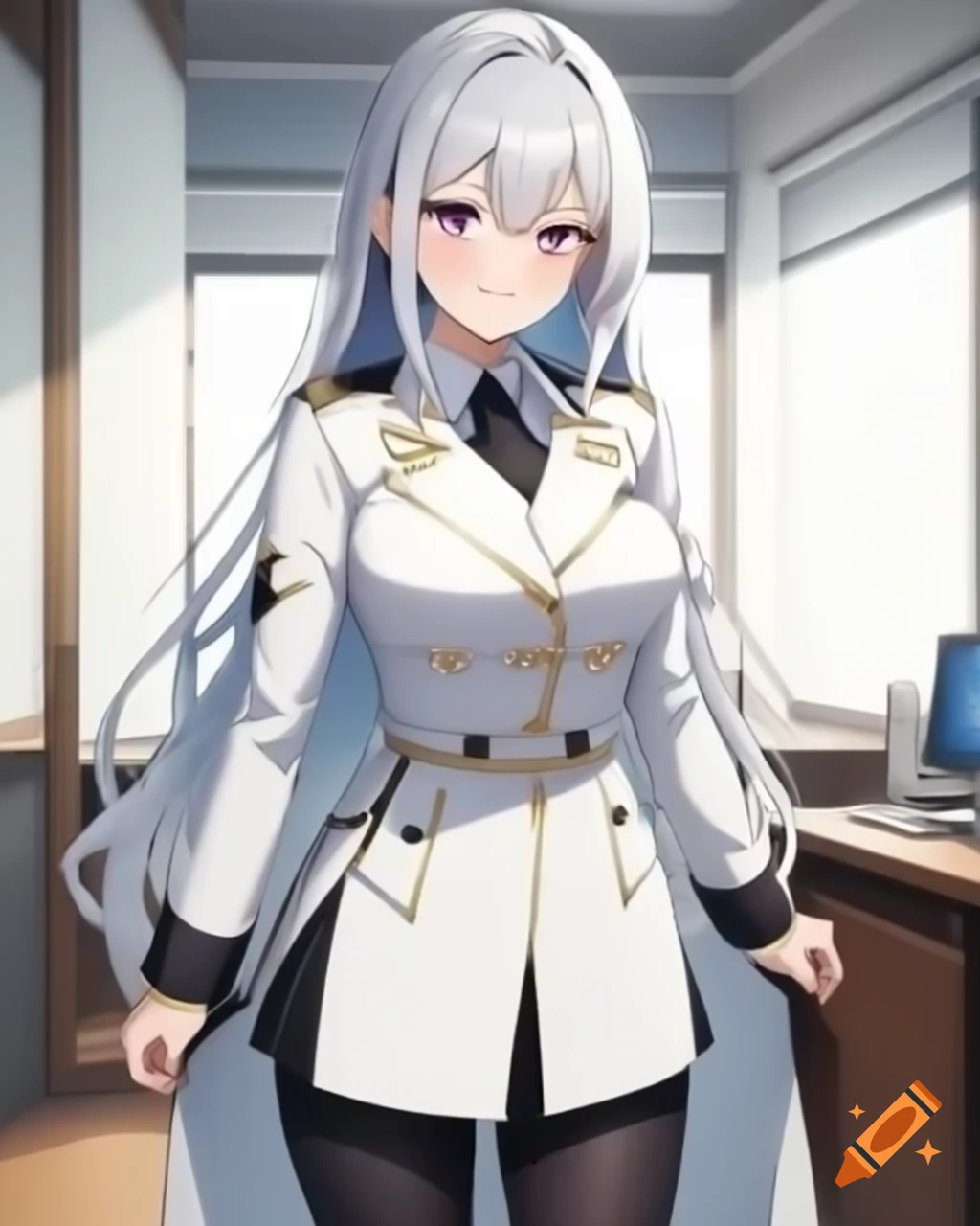 Anime knight and confident woman in white uniform with silver hair