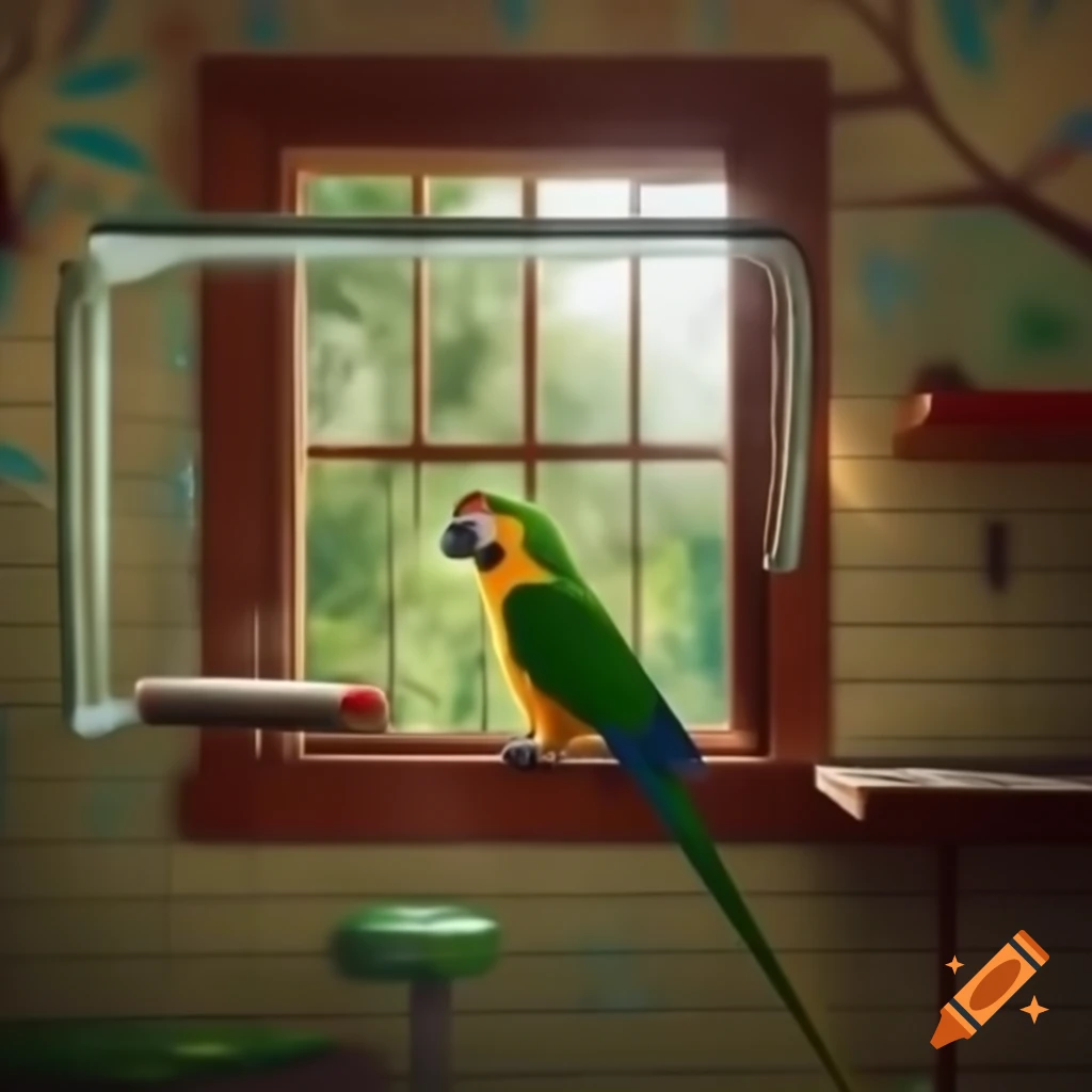 Parrot in a colorful room filled with various decor