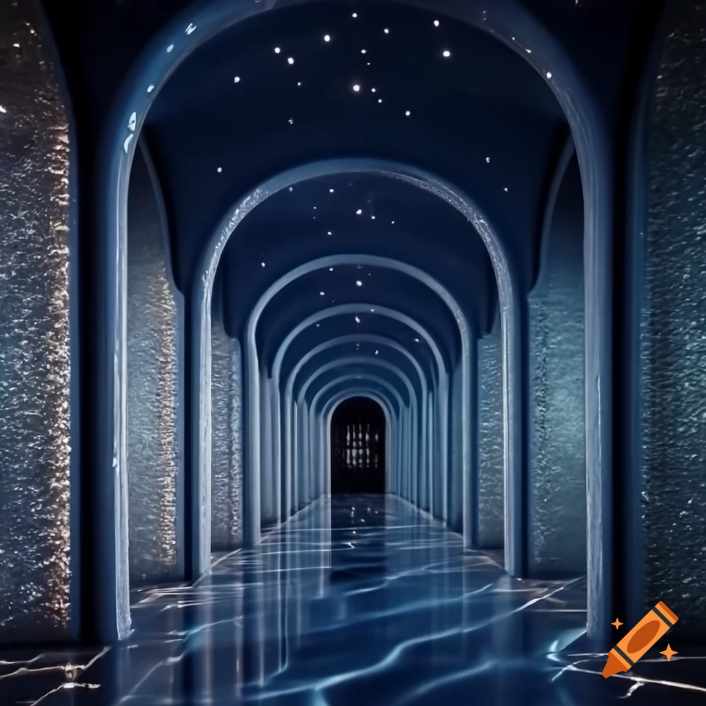 Surreal dark blue marble hallway with high ceilings and starry ceiling
