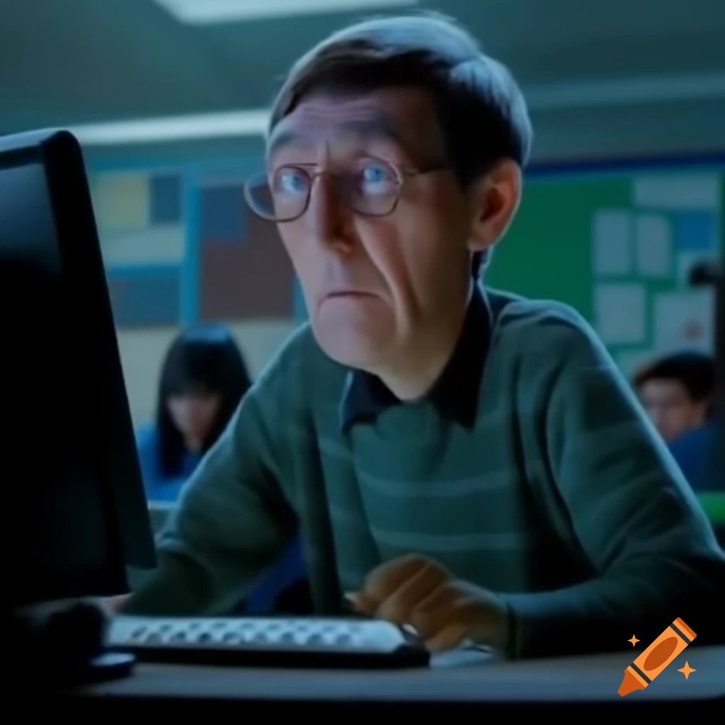 Bill Gates looking surprised while using a computer in a school setting