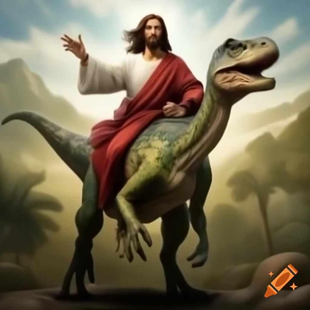 Creative depiction of a figure resembling Jesus riding a dinosaur