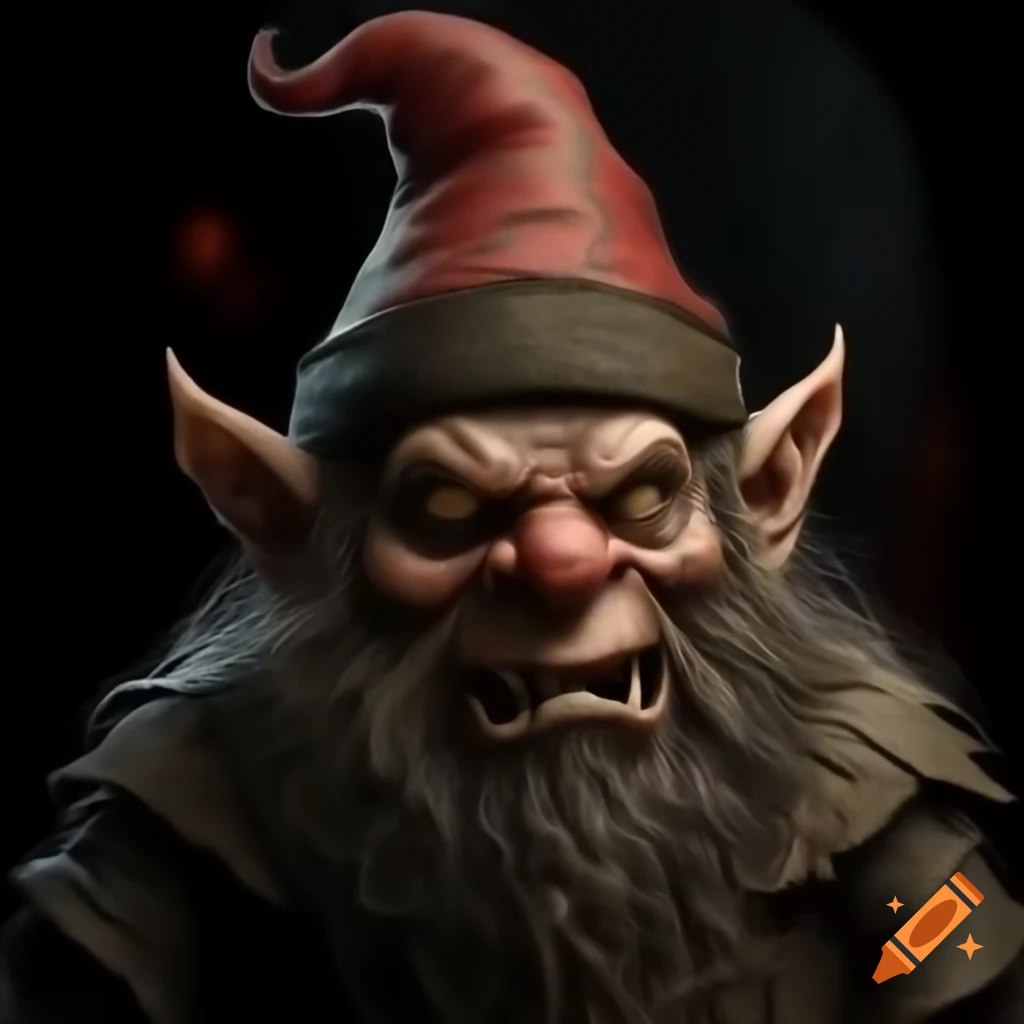 Dark vintage depiction of a devil dwarf wearing a large hat