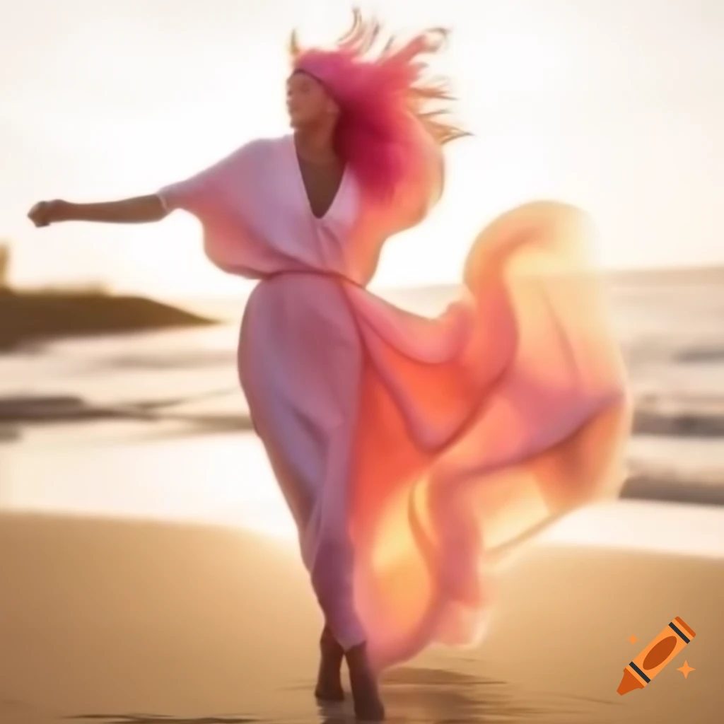 Woman with pink hair in silk dress walking on sandy beach at sunset