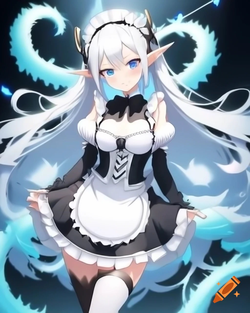 Anime elf maid with white hair and blue eyes in miniskirt
