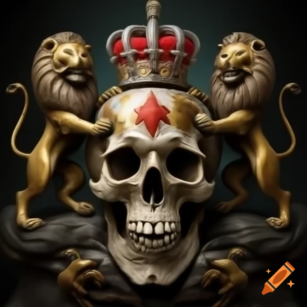 Royal crest featuring lions and a skull with a seven pointed crown and flame