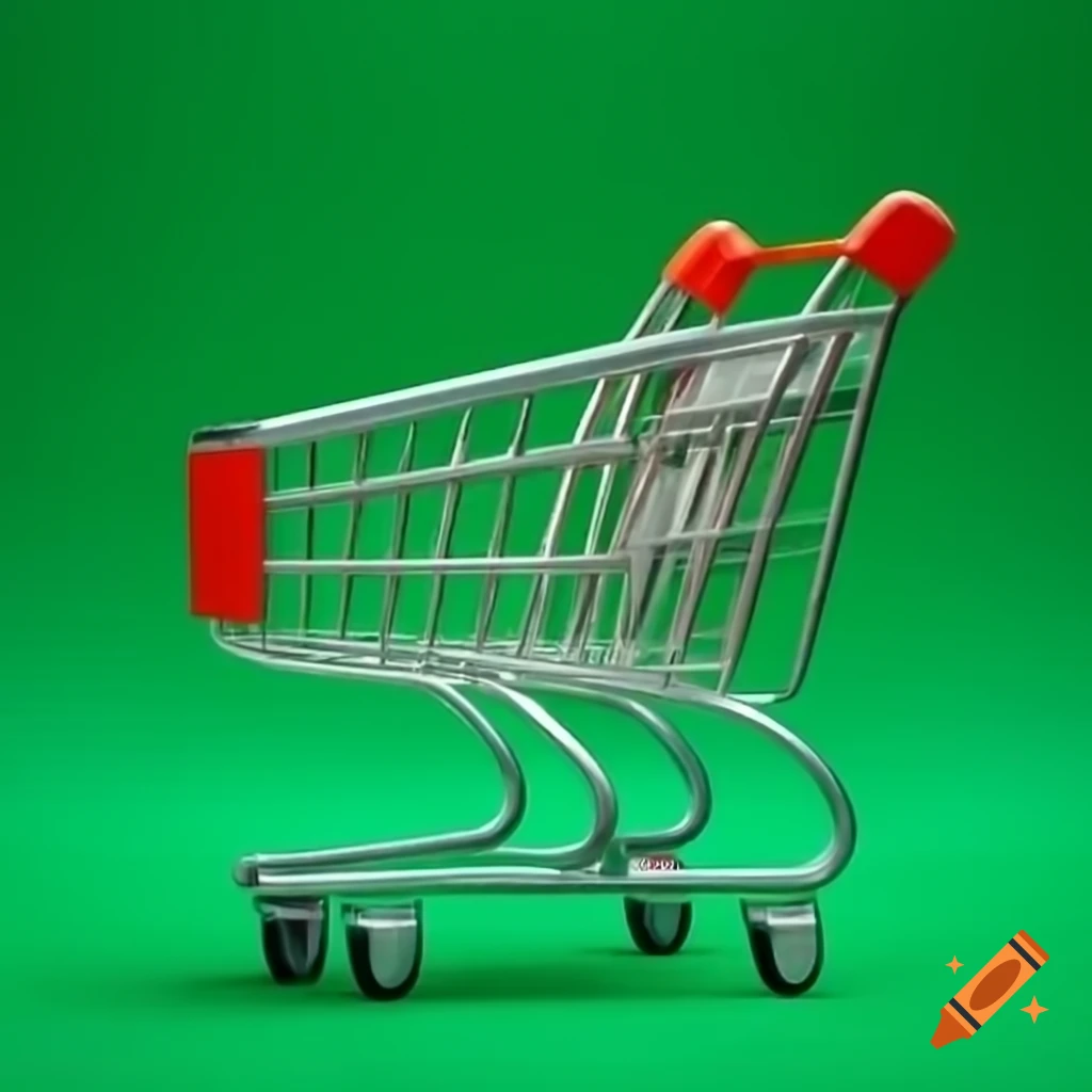 Empty shopping cart on solid green background