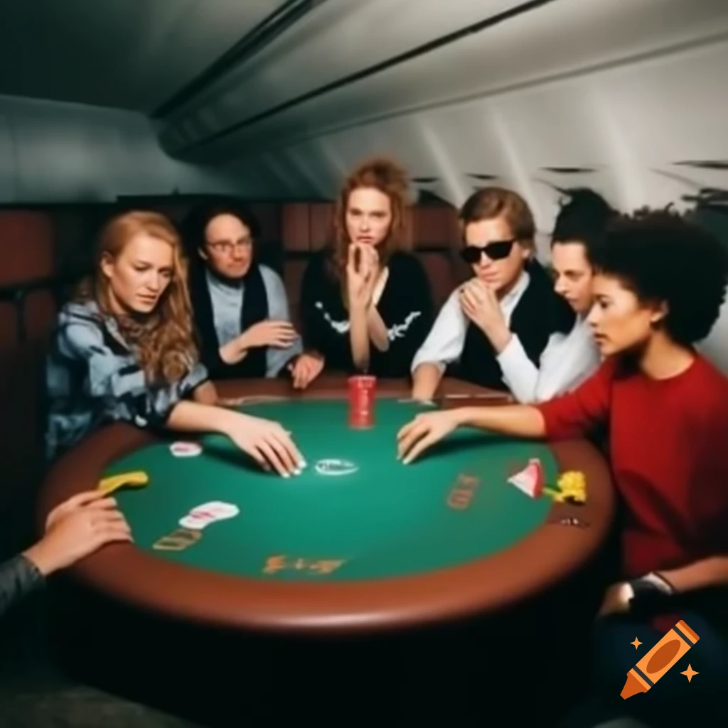 Group of people playing poker around table on airplane