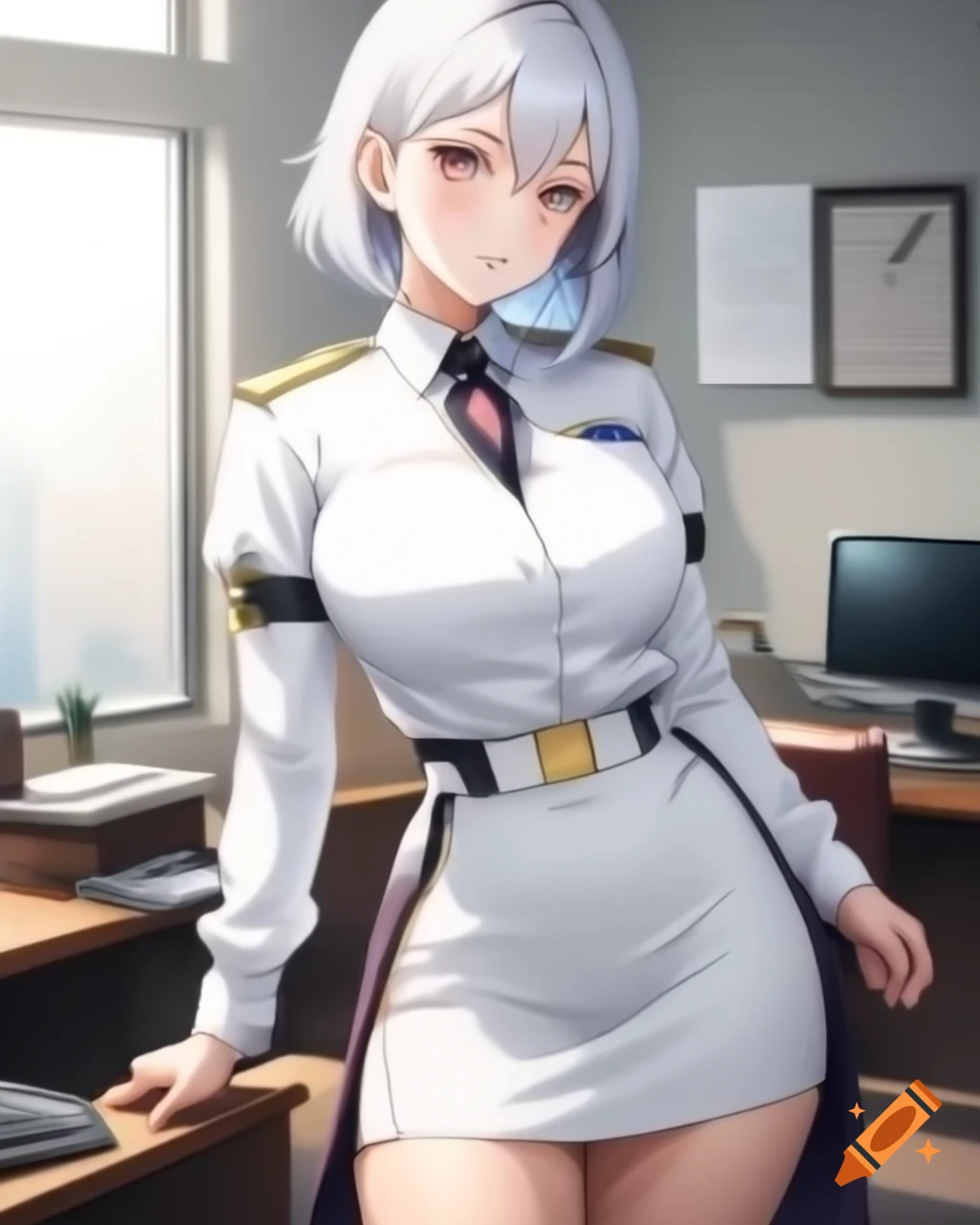 Confident anime knight and elegant woman with silver hair in white uniform