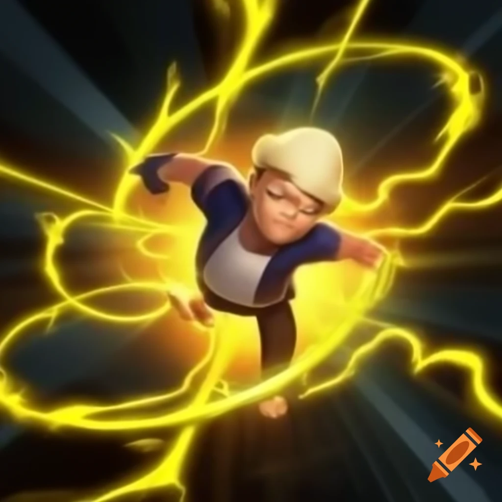 Action scene of character dashing with energy trail and bright yellow waves