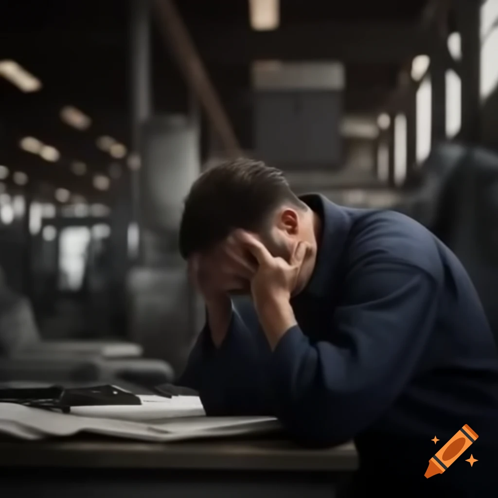 Exhausted factory worker showing signs of physical and mental fatigue